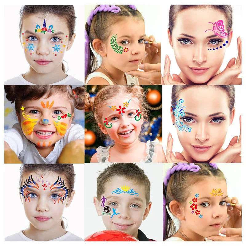 9 visages d'enfant fiers de leurs maquillage enfant festif faits au pochoirs
