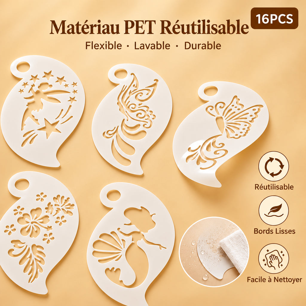 présentation de la qualité des 16 pochoirs maquillage enfant