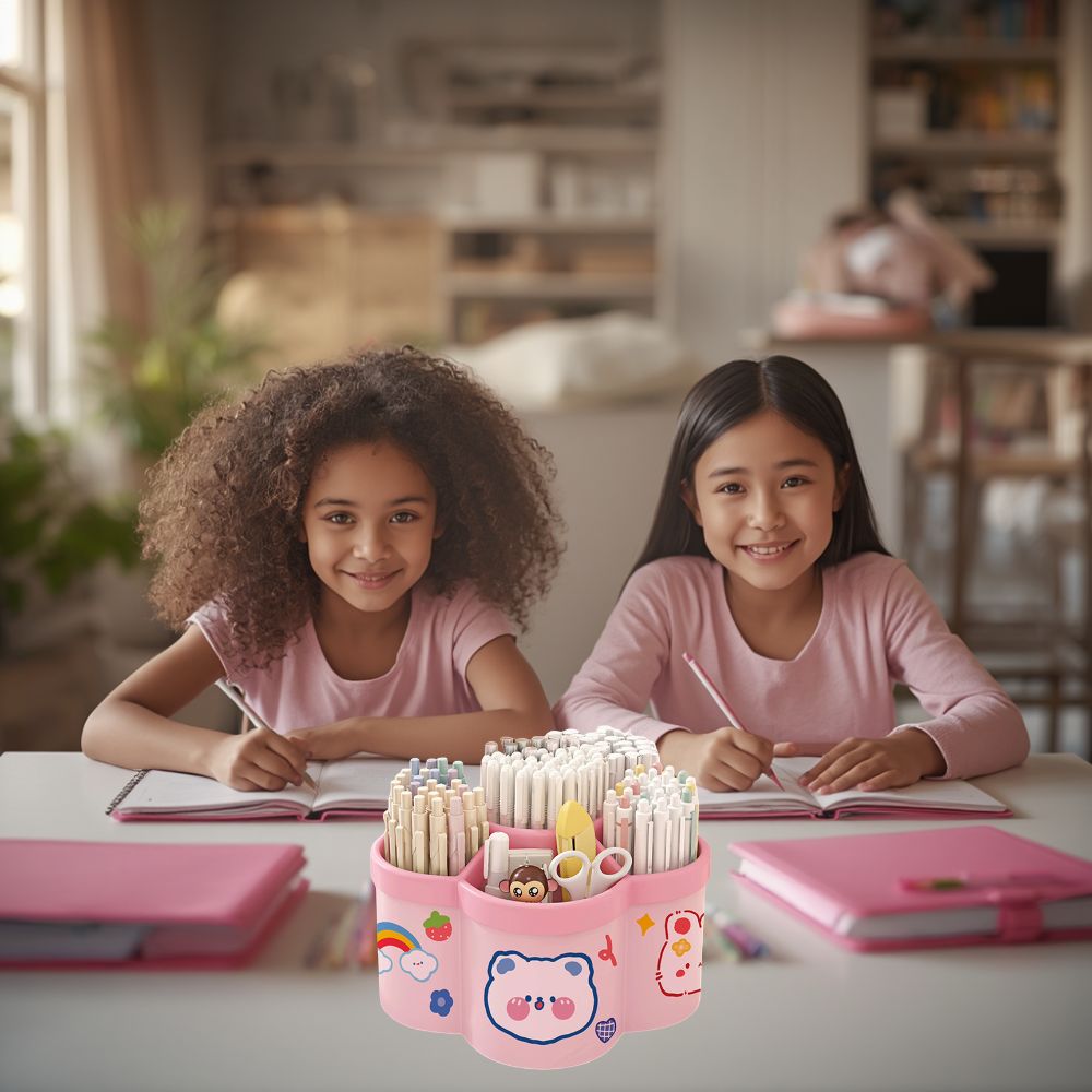 2 fillettes fans de rose entrain de faire leur devoir ensemble avec leur fournitures dans le pot à crayons commun rose