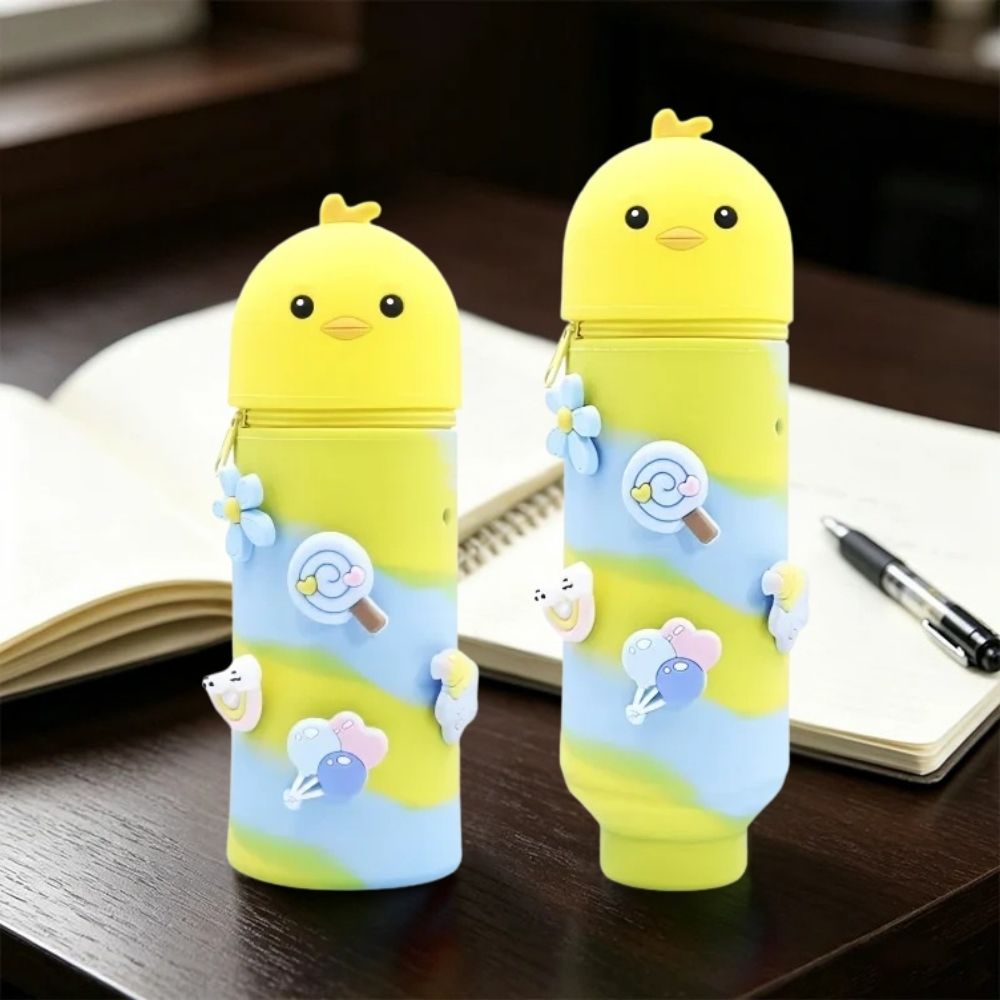 pot à crayon en silicone jaune modèle poussin vertical avec pins pour personnaliser