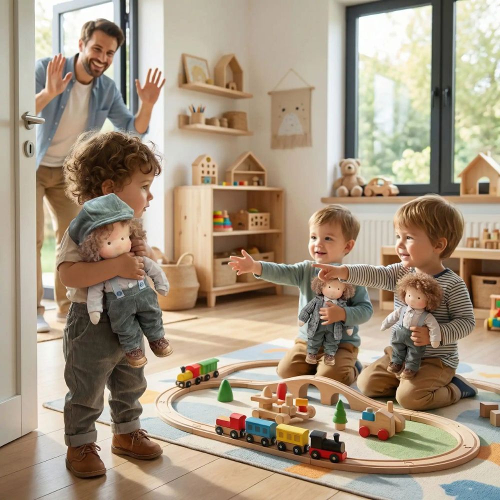 Un père donne à son fils à la garderie sa poupée de chiffon et doudou garçon ne pleure plus