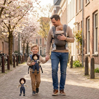 papa, filston, bébé et poupée de chiffon prennent un marche dans le quartier.