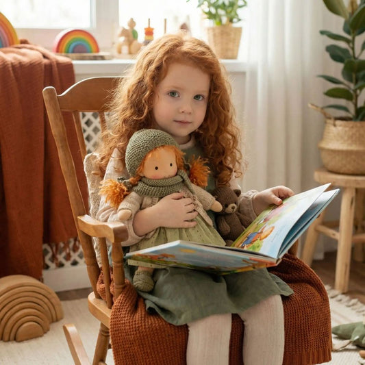 une jolie fillette aux longs cheveux roux berce sa oupée en chiffon rousse