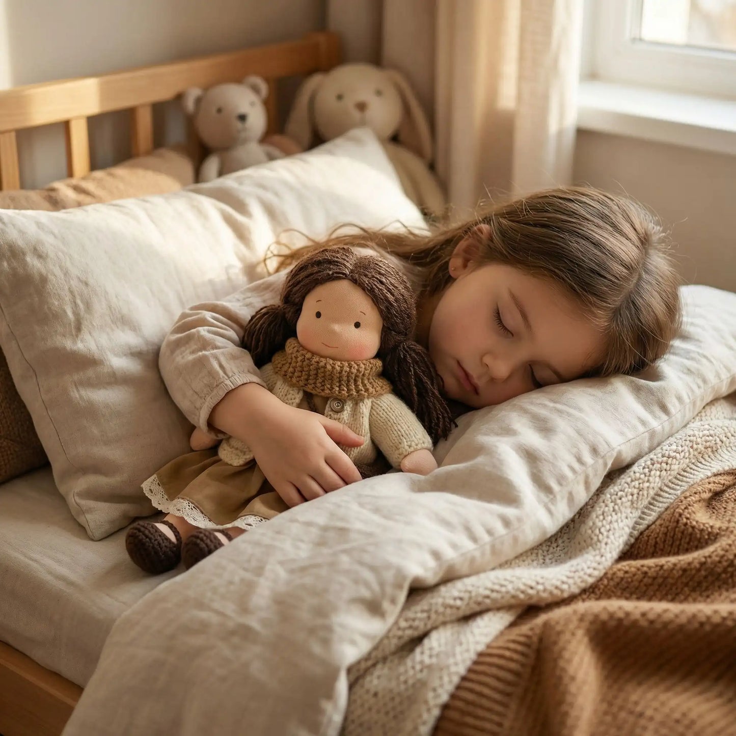 une fillette endormie avec sa poupee en chiffon aux cheveux brun mignonne