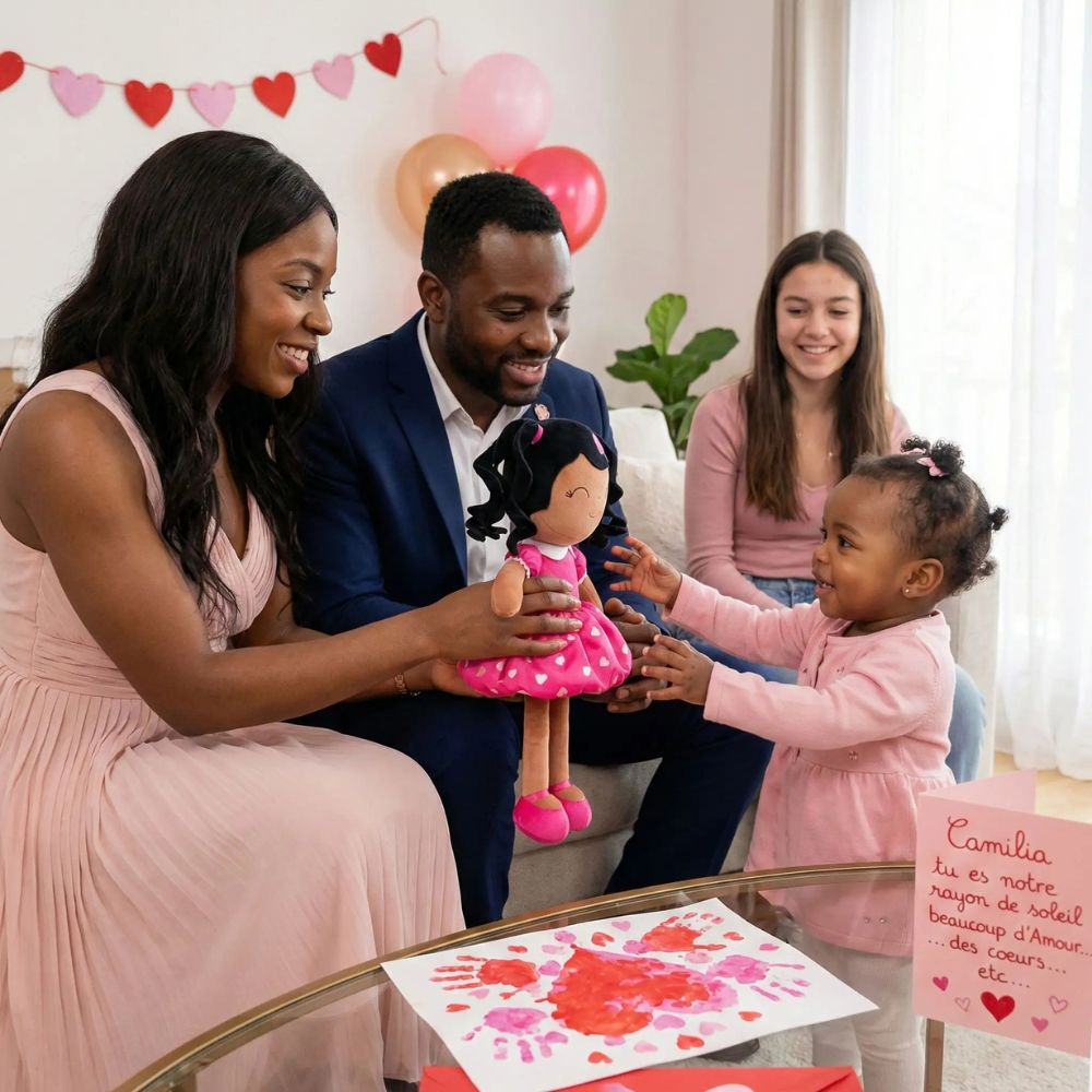 bébé recoitr sa poupée pour fillette je t'aime en cadeau de valentin