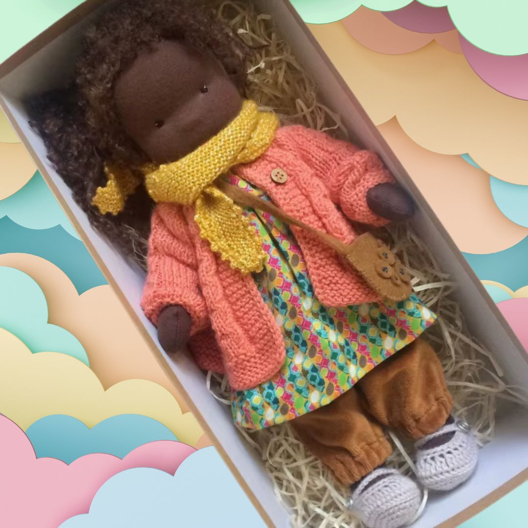 poupées-africaine-cheveux-frisés-bruns-noires-pantalon-robe-veste-écharpe-poupée-de-chiffon-enfant