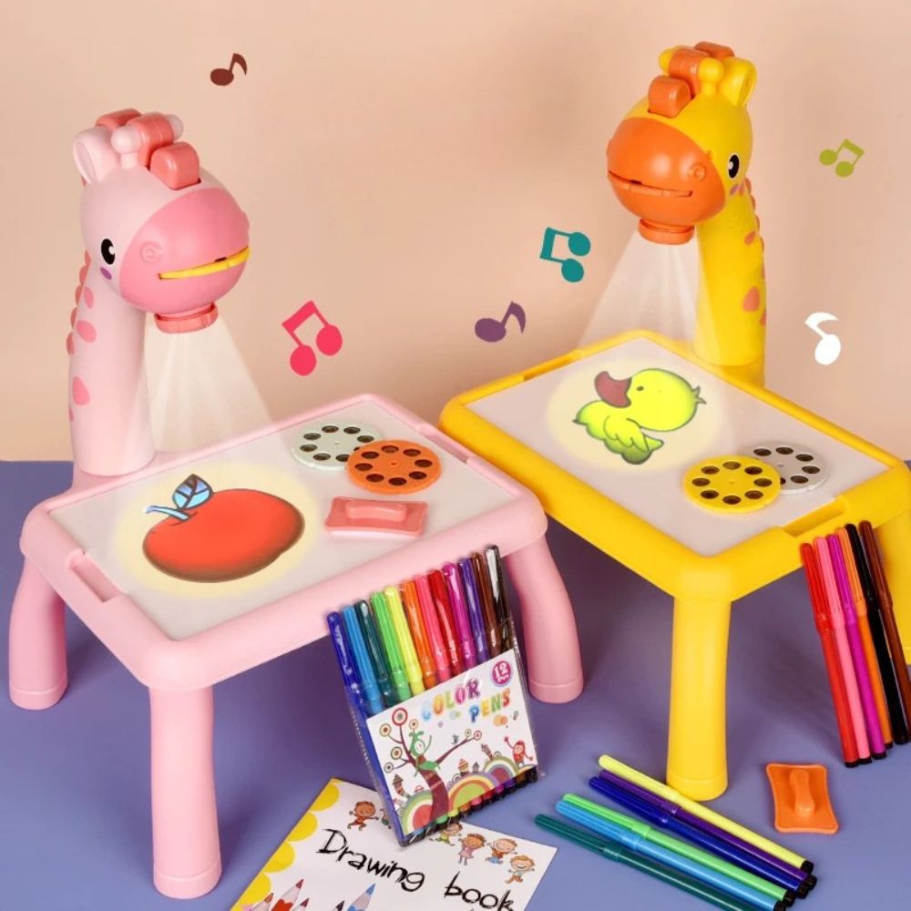 projecteur dessin modèle de table à dessin miniature pour enfant girafe rose et girafe jaune, crayons et disque d'images inclus