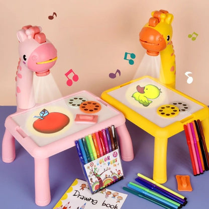 projecteur dessin modèle de table à dessin miniature pour enfant girafe rose et girafe jaune, crayons et disque d'images inclus