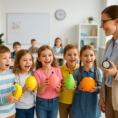 PUZZLE 3D:Une enseignante tient un chronomètre dans sa main pour minuter les enfant dans la course des Rubik's Fruits 