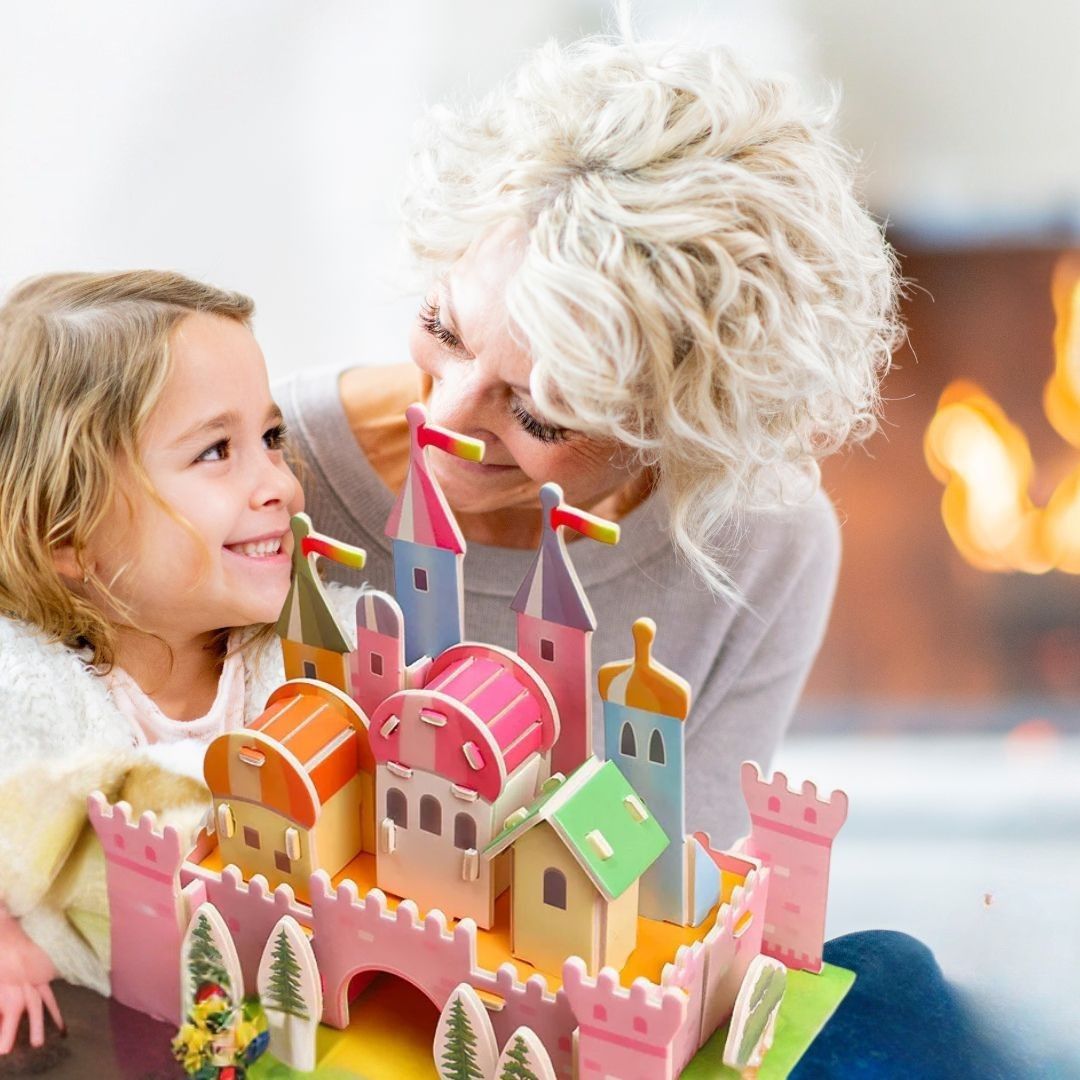 une grand-mère et sa petite fille partage un dous moent avec un puzzle 3d de château coloré