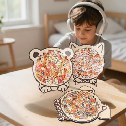 puzzle bois animaux 3 animaux amusant multi chats 130 chats, 130 chiens ou 130 oursons pour rigoler et rêvasser.  