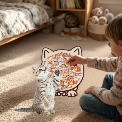 puzzle bois animaux multi- Chats™, l30 petites pièces en forme de chat forme un visage de gros chat