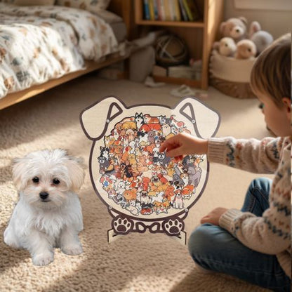 puzzle bois animaux le petits chients casse-tête de 130 pièces en forme de chien  à rassembler pour faire une tête de chien à exposer