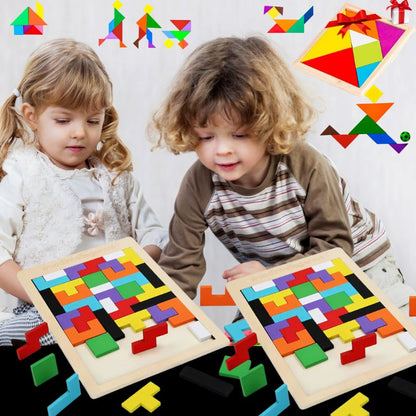 2 jeux de blocs puzzle bois en couleur au formes Tétris pour gagner un jeu de Tangram gratuit