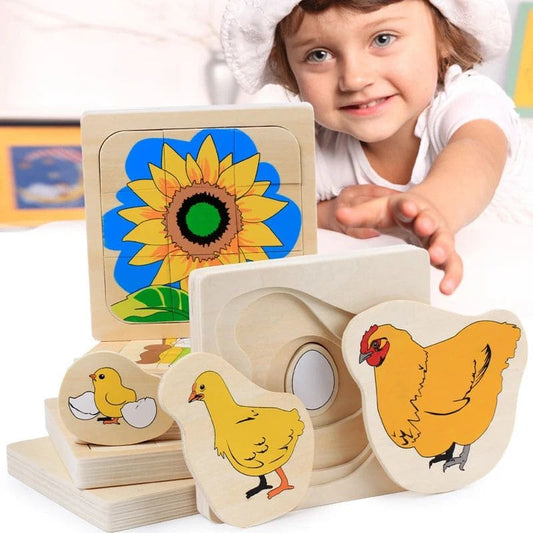 une enfant de 4 ans prend son Puzzle en bois de sa collection le cycle de vie des tournesols