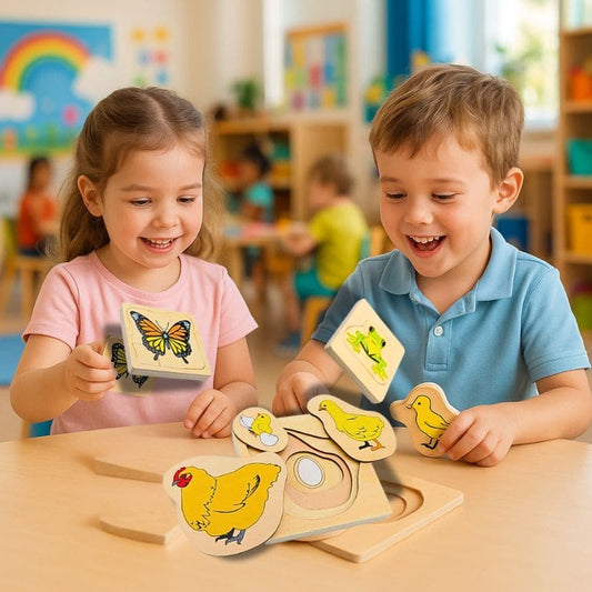 2 enfants trouvent des solutions au puzzle  en bois éducatif  sur les cycles de vie des animaux et des plantes