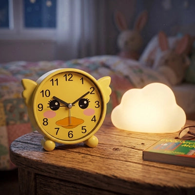 réveil enfant avec aiguille , lecture de l'heure analogique jolie cadran rond jaune petit poussin