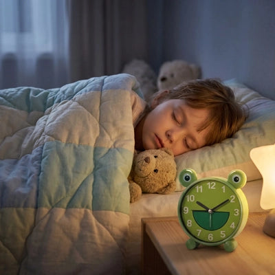 réveil enfant garçon dort paiiblement son réveil matin ne fait aucun bruit