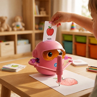 robot dessin enfant va dessiner la pomme de la carte que l enfant insère 