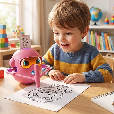 un garçon demande a robot dessin de lui dessiner un lion
