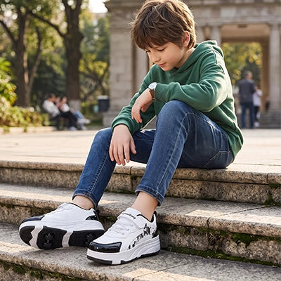 un garçon prends un pause après des heures de roller enfant  