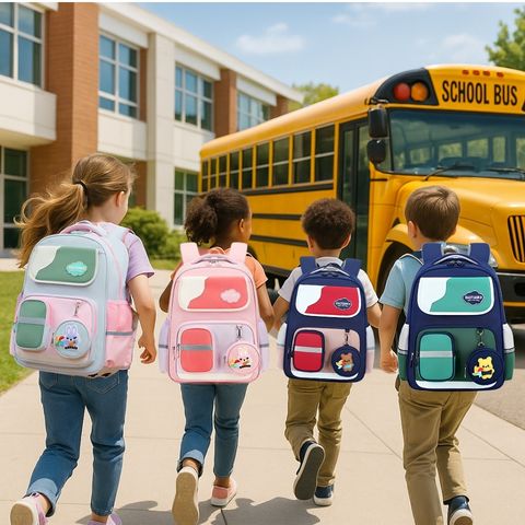 4 enfants courent vers le bus scolaire avec leur sac à dos enfant pochette ourson bleu et pochette lapin