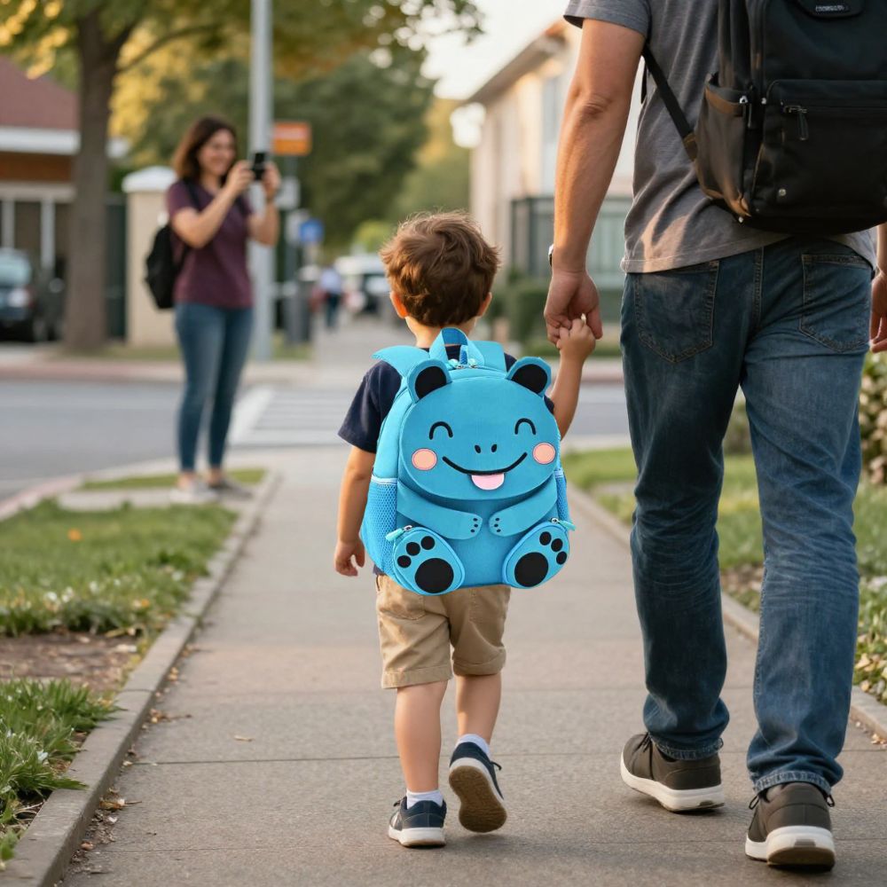 sac à dos maternelle hippopotame bleu qui rit et GRRimace qui tire la langue 