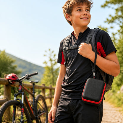 un garçon transporte fieement son appareil photo enfant dans son sac pour appareil photo noir et rouge