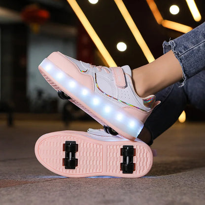 soulier a roulette rose blanc flash led