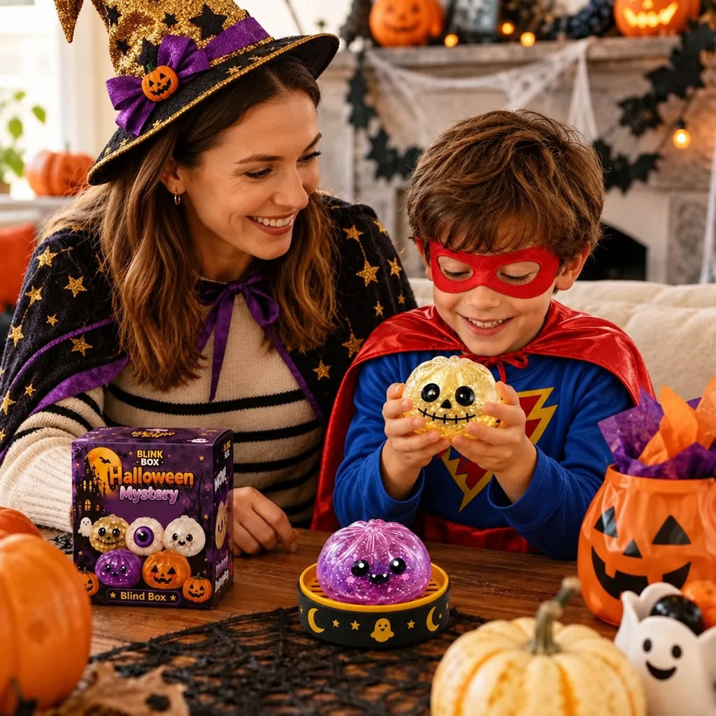 un garcon et sa mère déguisés reçoit un squishy dumpling halloween mystérieuse tête de squelette