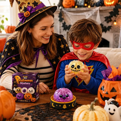un garcon et sa mère déguisés reçoit un squishy dumpling halloween mystérieuse tête de squelette