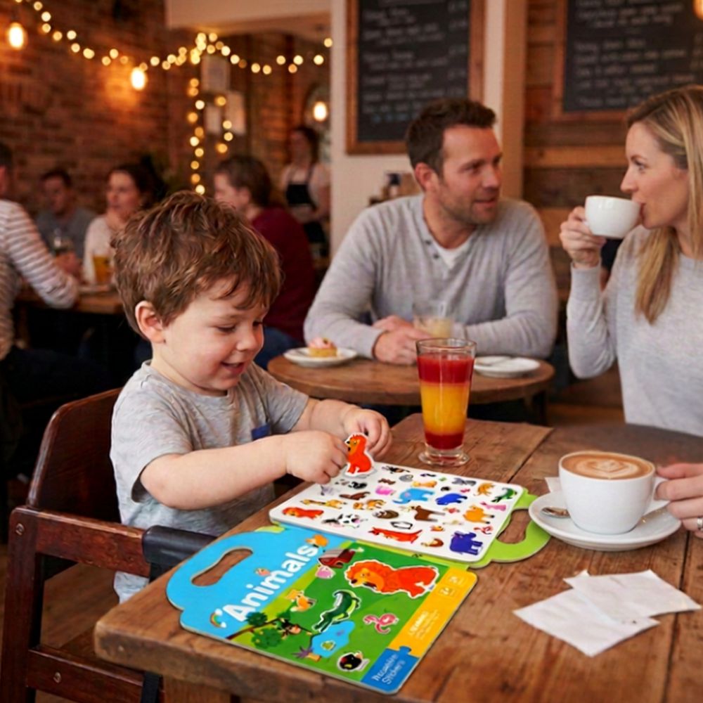 sticker book , le quiet book idéal pour occuper votre enfant au restaurant ou dans les période d attente sans cellulaire