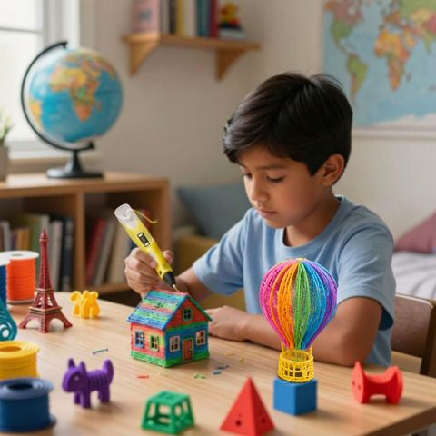 un garçon de 7 ans calme, concentré dessine en 3d avec son nouveau stylo 3d enfant sécuritaire jaune