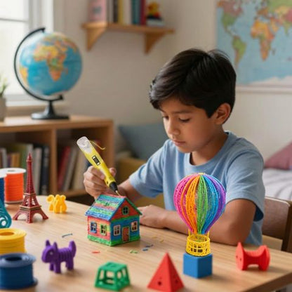un garçon de 7 ans calme, concentré dessine en 3d avec son nouveau stylo 3d enfant sécuritaire jaune