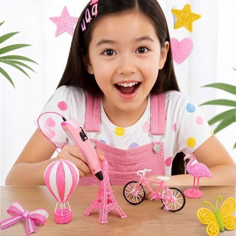 fille de 6 ans avec son stylo 3d enfant rose dessine plusieur modèle des plans fourni dans son paquet cadeau