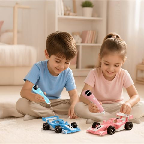 un frère et une soeur jumeaux avec leur cadeau de Noël un stylo 3d enfant avec robot parleur intégré  activité diy 100% autonome