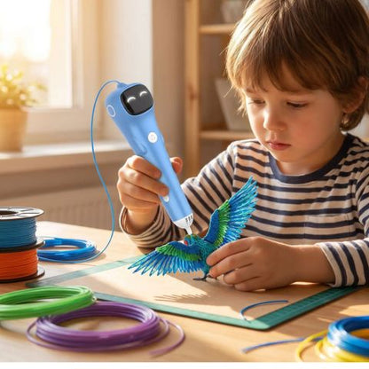 un garçon avec son stylo 3d enfant avec robot parleur intégré fais de magnifiques créations