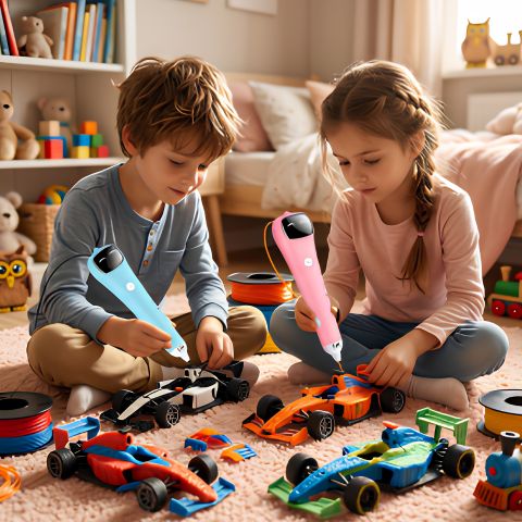 2 enfant dans la chambre du gar^con avec lur stylo 3d enfant 
