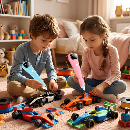 2 enfant dans la chambre du gar^con avec lur stylo 3d enfant 