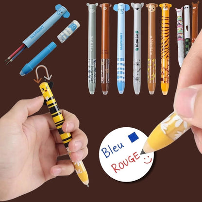 stylo effaçable  modèle animaux Kawaii double couleur d'encre bleu et rouge au choix