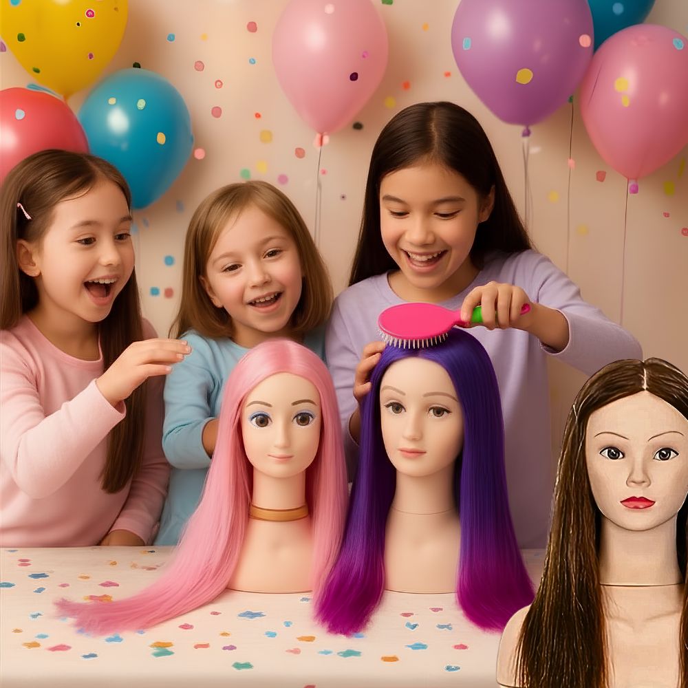 3 belle fillettes font la fête au salon de coiffur les 3 support de tete a coiffer son partager pour le plaisir de toutes.