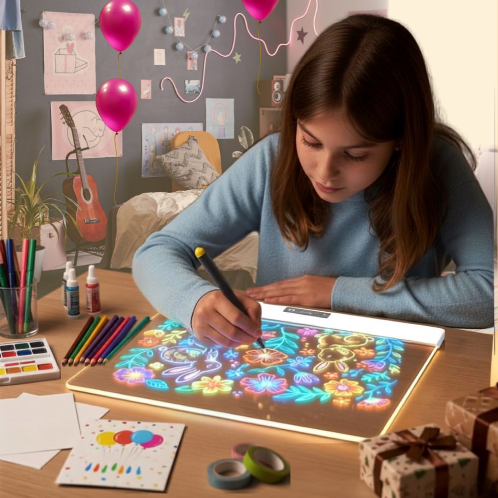 tableau lumineux pour dessiner extra  jeune artiste  calme et concentrée avec son Lumi'Board  de Luxe