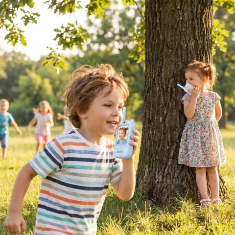 2 enfant jouent avec leurs talkie walkie enfant bleu dans le parc
