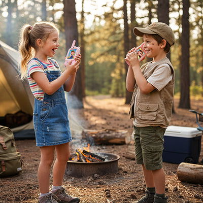2 enfants en camping avec leurs talkie walkie enfant rose avec radio vidéo super qualité de son et d image