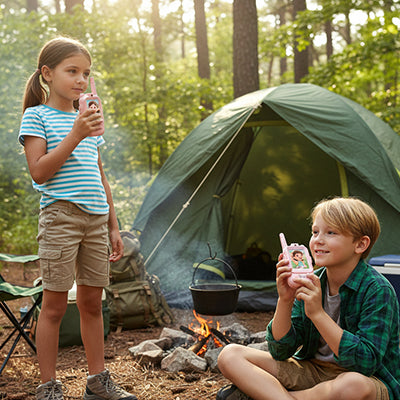 un f`rere et une soeur en camping parlent sur leur talkie walkie enfant
