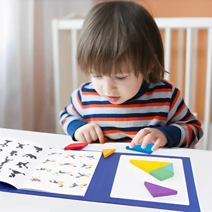 un gamin de 4 ans choisi un défit à faire avec son Tangram coloré aux 7 pièces aimantée