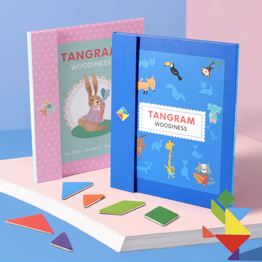 pésentation des 2 jeux de TANGRAM rose ou bleu sous forme de livre mince facile à ranger 