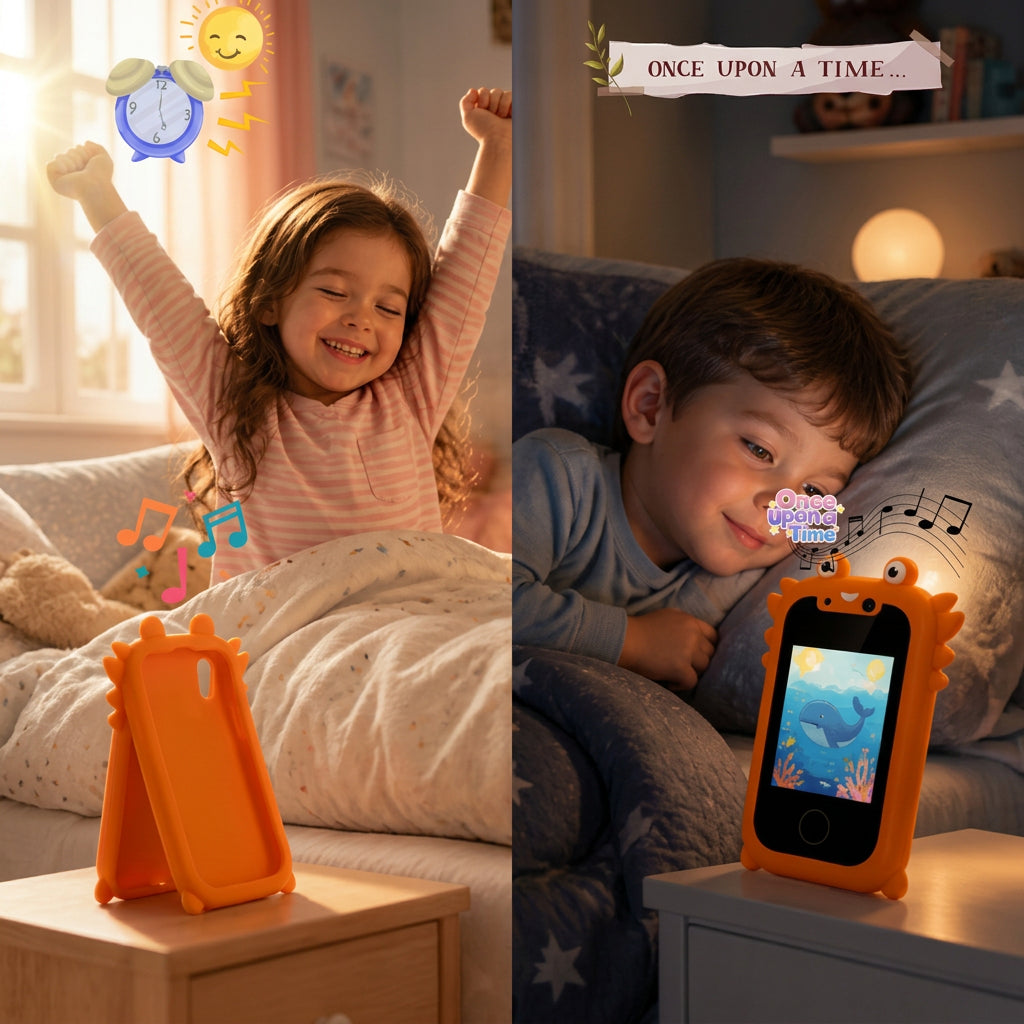une fillette se réveille avec la musique de son réveil sur son téléphone enfant alors que son frère s'endort sur l'histoire qu'il lui raconte.