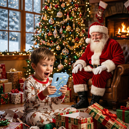 un garçon déballe son cadeau favori que le Père Noël lui a offert un téléphone enfant portable avec applications éducatives