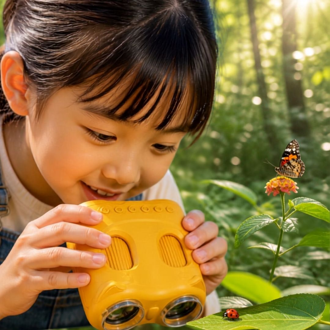 une fillette observe une coccinelle de près grâce à  son telescope enfant 2 en 1 avec option microscope intégré 